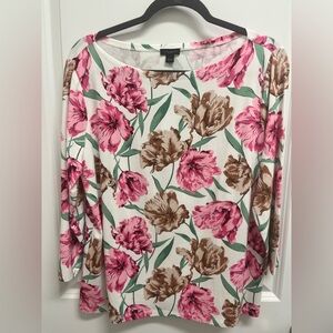 Ann Taylor Pink and Brown Floral 3/4 Sleeve Top